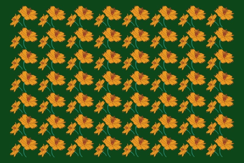 Una imagen de fondo verde, donde se ven decenas de flores amarillas que son iguales, aunque hay una diferente.