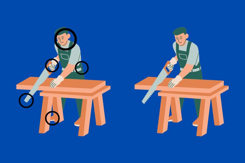 En este test visual se ven dos ilustraciones  que parecen iguales, donde hay un hombre aserruchando madera en una mesa.