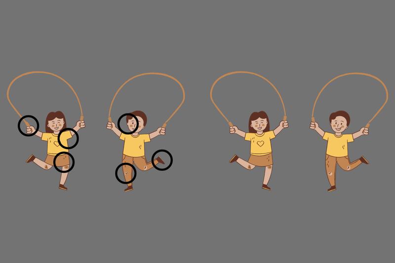 Imagen repetida de dos niños saltando la cuerda, pero aunque parecen iguales, tienen seis diferencias entre sí, que están señaladas con círculos negros.
