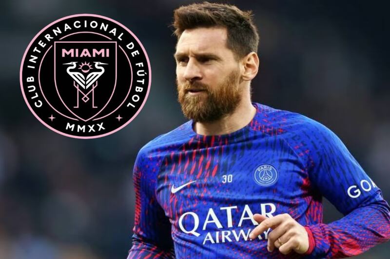 El futbolista Lionel Messi con la camiseta de PSG. En círculo interno, el logo de Inter Miami.