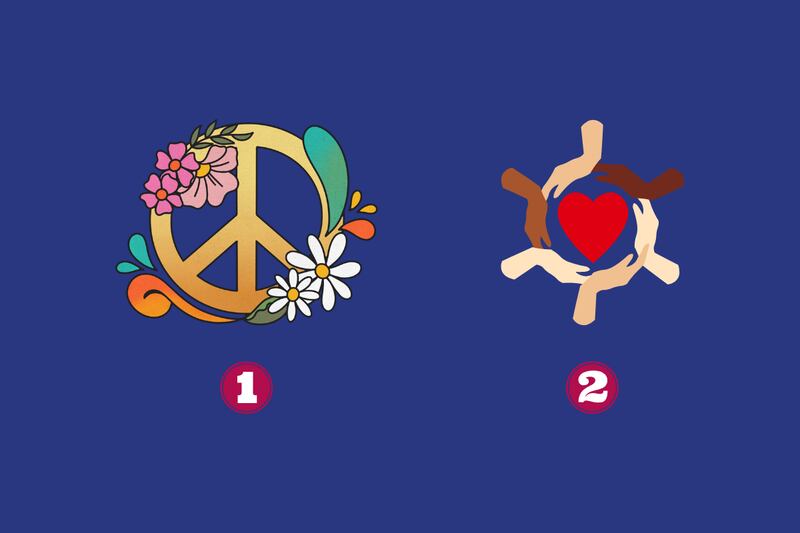 En esta imagen hay dos opciones para elegir: un símbolo de paz con flores, y otros con manos diferentes que protegen un corazón.