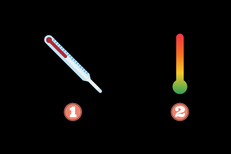 dos opciones: un termómetro antiguo, que marca hasta menos de la mitad, y otro termómetro que tiene marcados todos los colores.