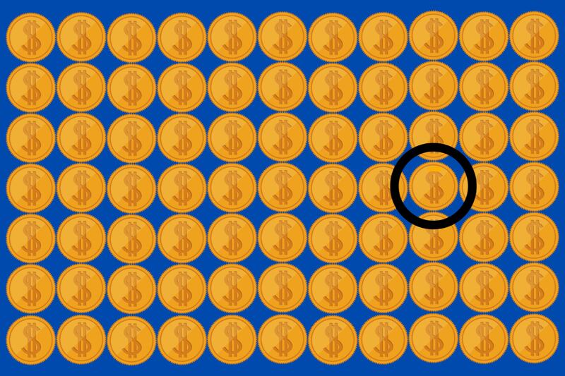 Muchas monedas doradas puestas sobre un fondo azul, y una de ellas es diferente a las demás y está señalada con un círculo negro.