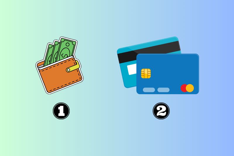 Dos opciones en este test de personalidad: una billetera con dinero, y unas tarjetas de crédito.