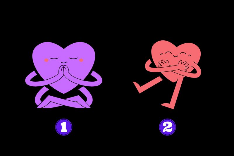 Dos opciones en este test de personalidad: un corazón meditando, y otro abrazándose a sí mismo.