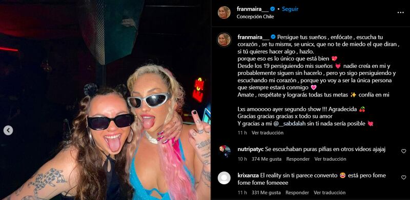 La chica reality Francisca Maira comparte registros de su segundo evento discotequero tras ser eliminada de Gran Hermano Chile en Instagram