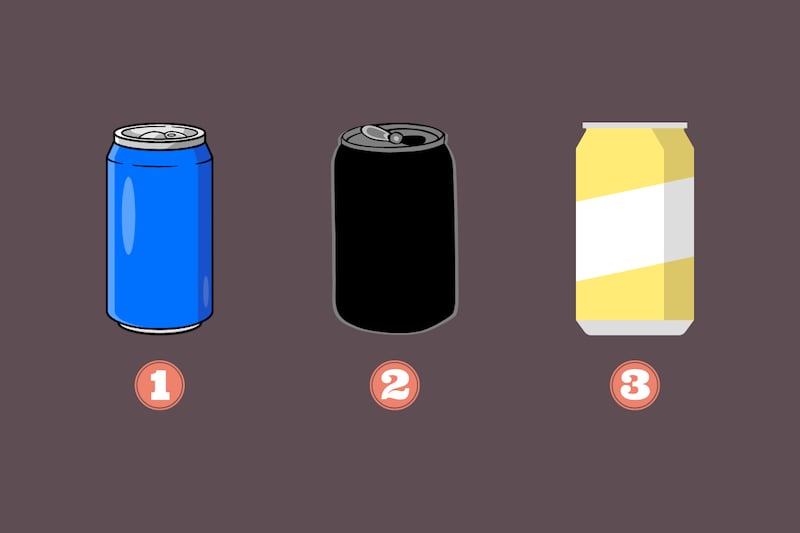 tres opciones en este test de personalidad: una lata azul, otra negra y otra amarilla.