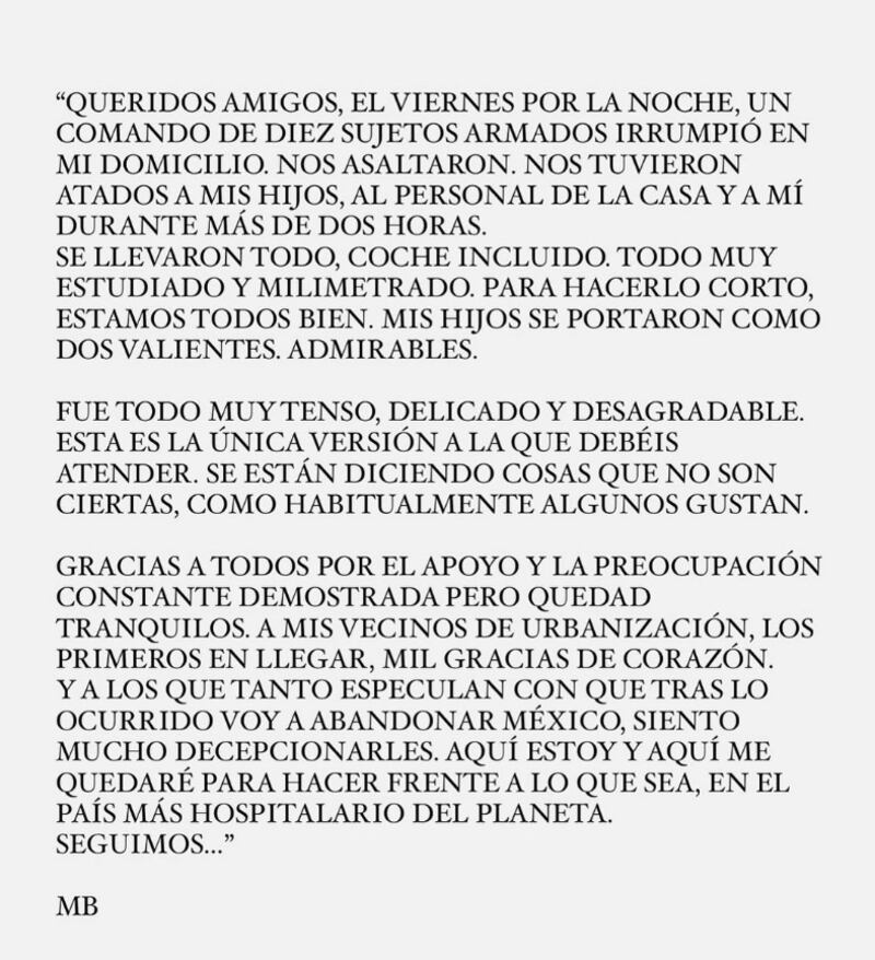 A través de un comunicado publicado por redes sociales, Miguel Bosé se refirió al violento robo que vivió en su casa en México.