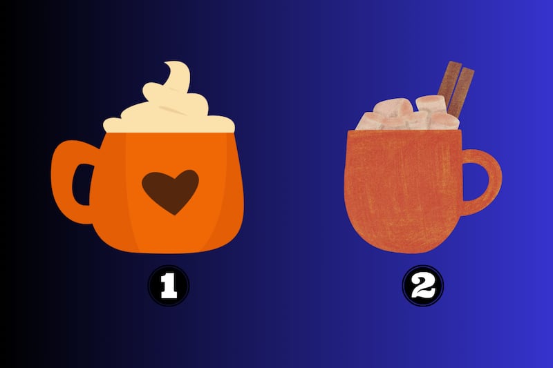 Test de Personalidad en el que hay dos alternativas: una taza grande con un corazón y mucha crema; y otra con malvas y galletas.