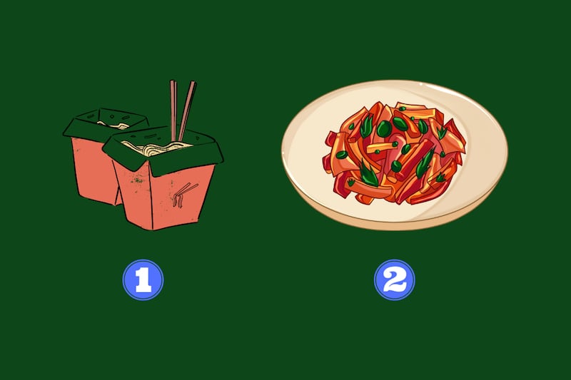En la imagen se ven dos opciones: un plato de comida preparado en una caja, y otro preparado en un plato formal.