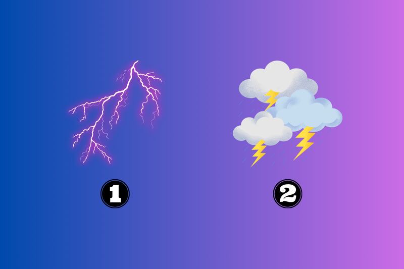 Dos opciones: un rayo grande y disperso morado; y una tormenta con nubes, rayos y lluvia.