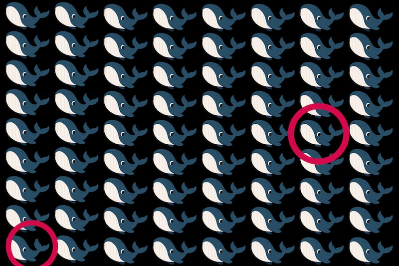 En este test visual se ven muchas ballenas en miniatura, y solo dos de ellas son diferentes.