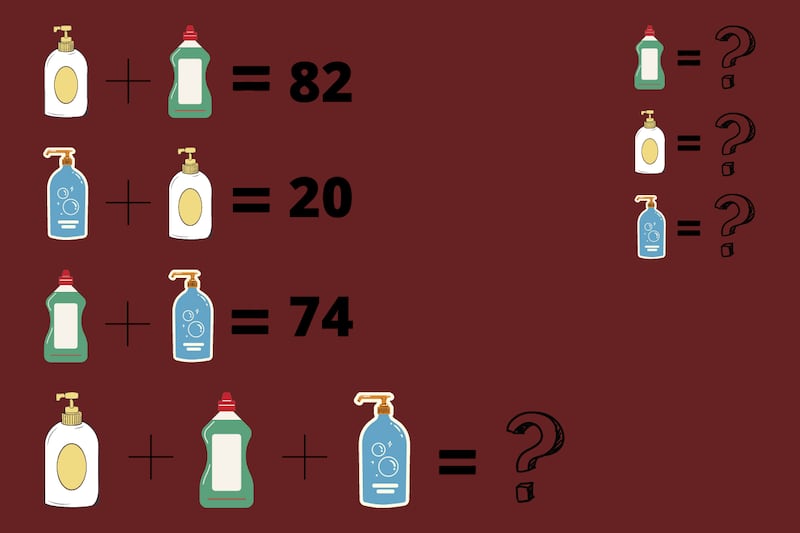 En este test visual hay un ejercicio matemático, en el cual hay tres envases que tienen valores diferentes, y hay que encontrar su número según la suma.