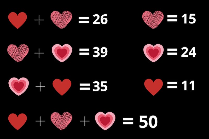 En este test visual hay varias sumas, con las que debes encontrar el valor de cada uno de los tres corazones presentes en la imagen.