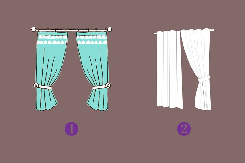 dos opciones en este test de personalidad: una cortina azul con ambos lados tomados, y otra cortina blanca con solo un lado tomado.