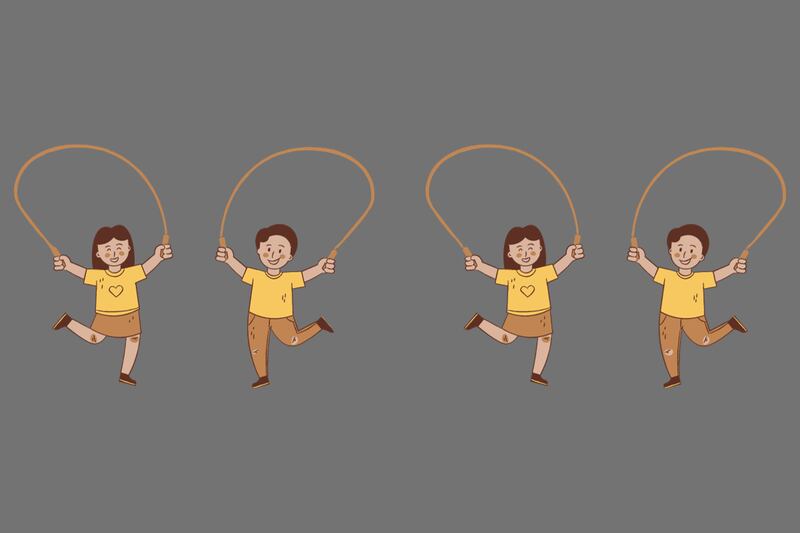 Imagen repetida de dos niños saltando la cuerda, pero aunque parecen iguales, tienen seis diferencias entre sí.