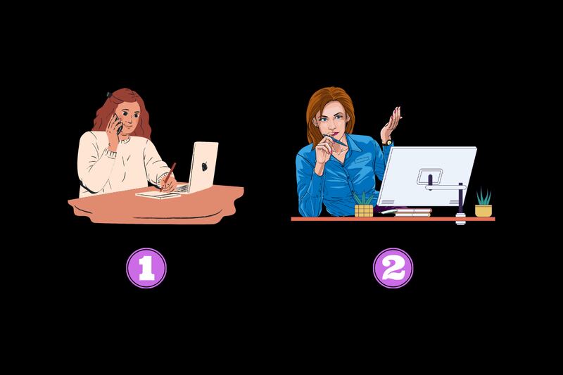En la imagen se ven dos ilustraciones, la primera de una mujer hablando por teléfono y anotando, y la segunda de una mujer haciendo el gesto de pedir explicaciones, sentada en su escritorio.