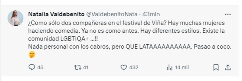 Natalia Valdebenito critica el Festival de Viña