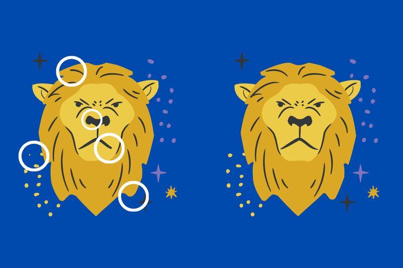 Dos leones que parecen iguales, pero tienen cinco diferencias que están señaladas con círculos blancos.