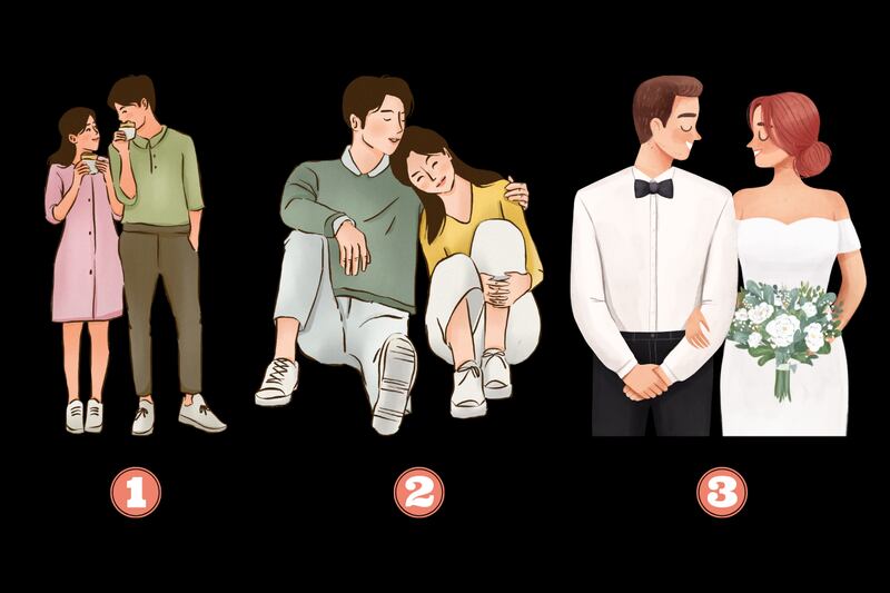 En este test de personalidad hay tres opciones: una pareja parada tomando un café y mirándose; una pareja sentada abrazándose; y una pareja casándose.