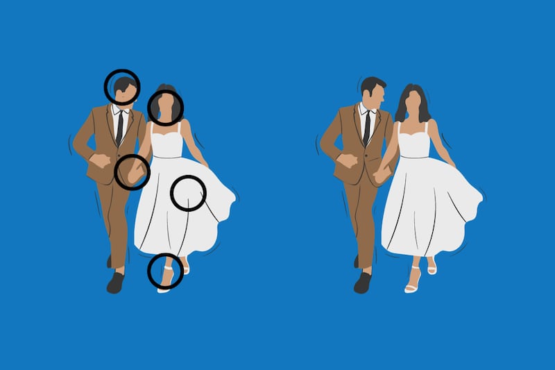 Dos parejas de novios que parecen iguales pero tienen cinco diferencias, las cuales están señaladas con círculos negros.