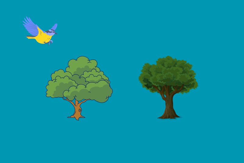 Dos árboles diferentes, con un pájaro volando sobre ellos.
