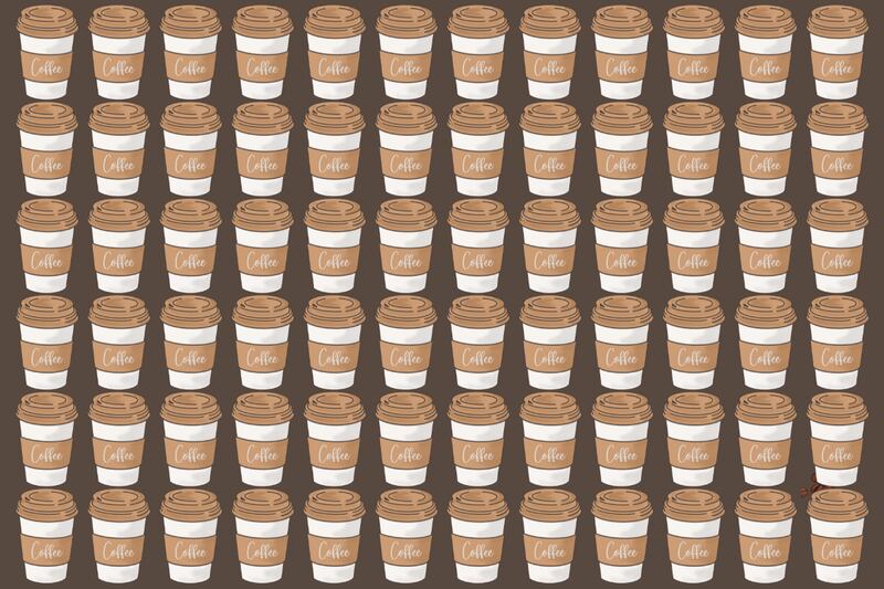Imagen llena de vasos de café, y entre ellos se esconden unos granos enteros.